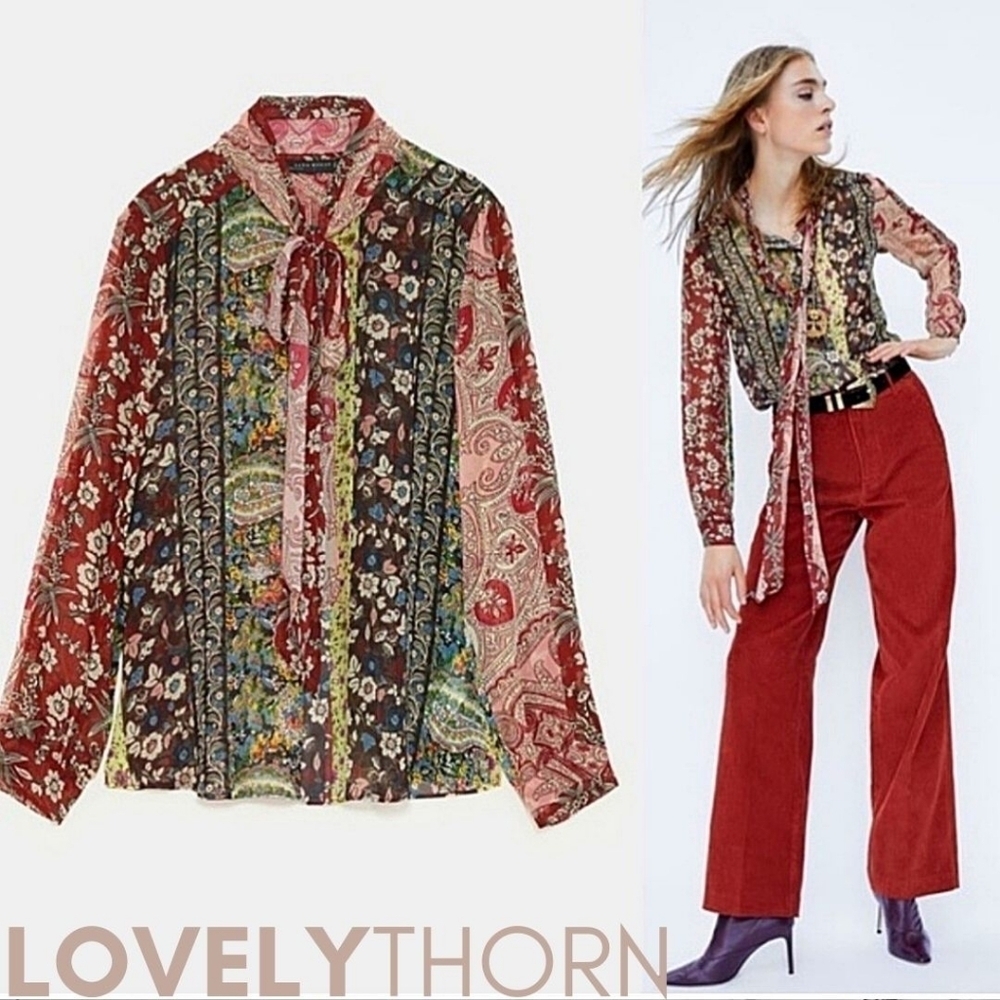 ZARA // blogger fave patchwork mixed print neck tie bow button down blou…